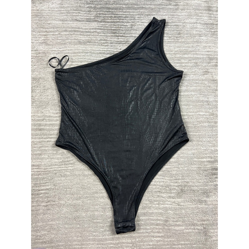SHEIN Bodysuit Women Large Black Snakeskin One Shoulder Edgy Snap Closure JIT106